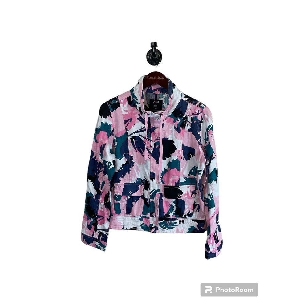 Yest Women Pink White Blue Floral Jacket 8 M All Linen Full Zip Button Flaw